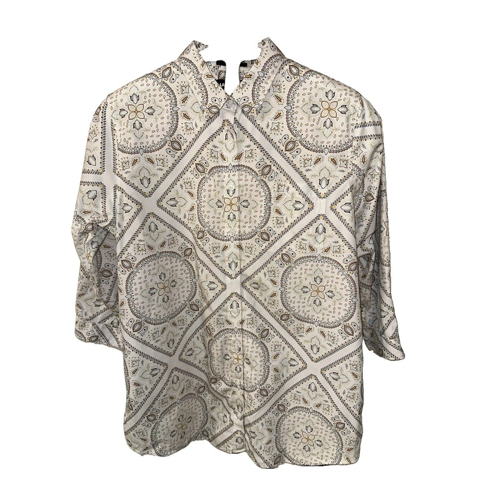 Lands' End NoIronWomen's Sz 14 ButtonDown Blouse Ivory 3/4 Sleeves 100%SupimaCtn
